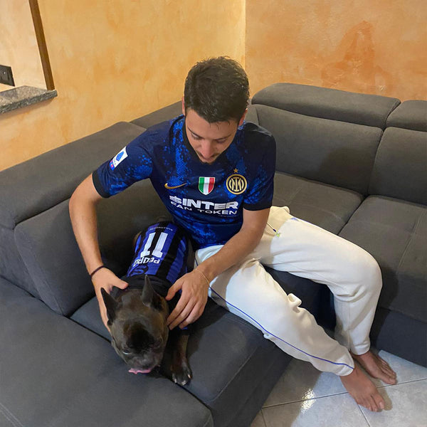 Maglia nerazzurra personalizzata da calcio - con maniche - per cani da 2 a 40kg