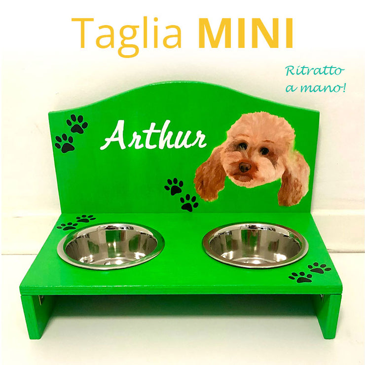 Bowl holder with your dog's name and portrait - Made in Italy