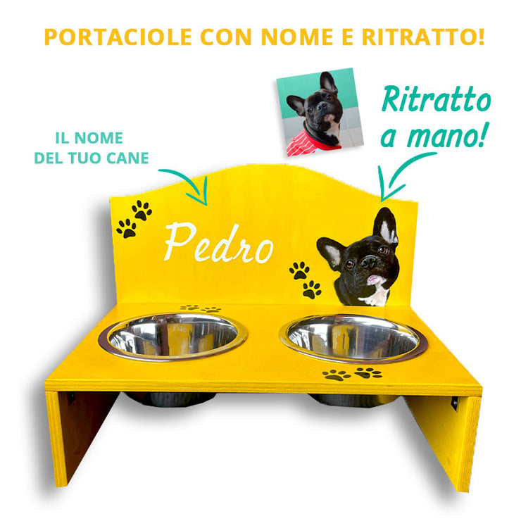 Bowl holder with your dog's name and portrait - Made in Italy