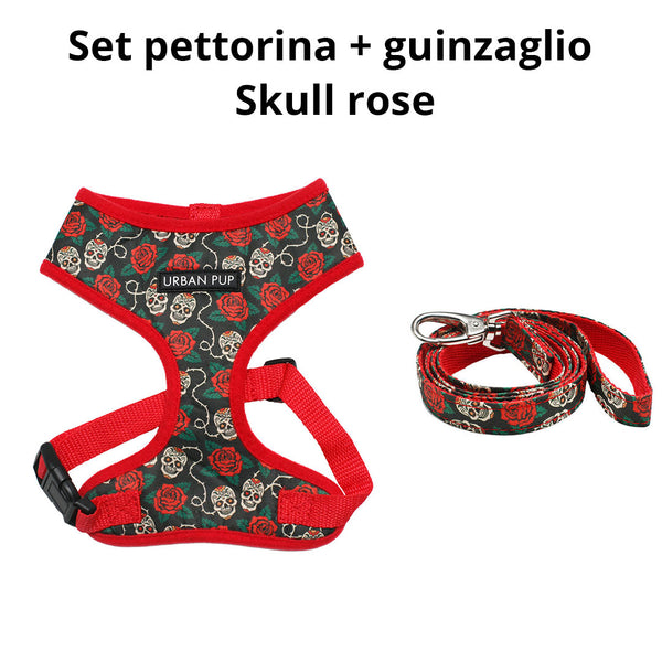 [SET] Skull Rose harness and leash - Urban Pup